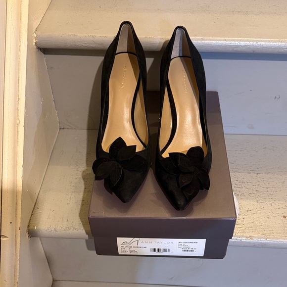 Ann Taylor Shoes - NIB Ann Taylor Mila Black Leather Suede Heels with Floral Detail